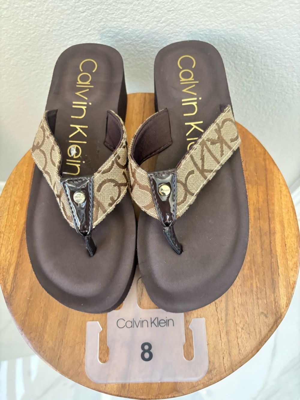 Calvin Klein Brown Logo Canvas Wedge Thong flip flop Sandals platform NWT